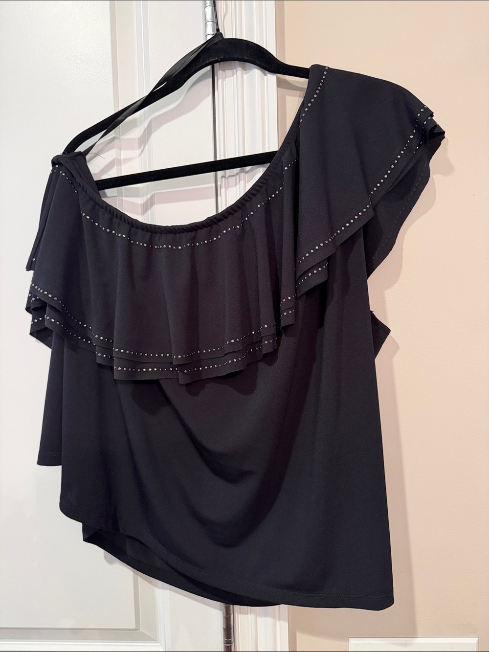 Belldini Black One-Shoulder Ruffle Top with Stud Accents